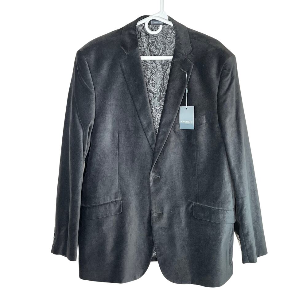 Madison Modern Fit single breasted velvet blazer, grey, size 44R, NWT